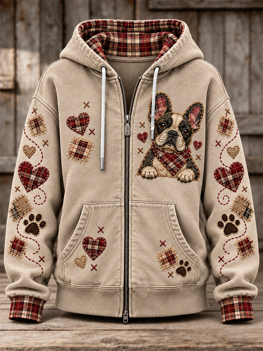 Women's Cute Patchwork Dog Print Zip-Up Hoodie
