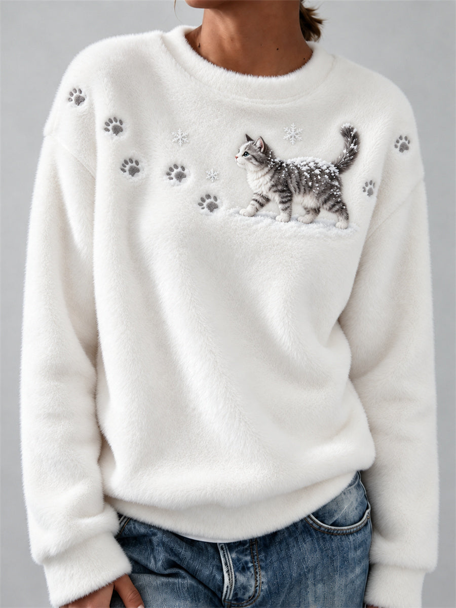 Women's European Shorthair Cat in the Snow Paw Prints & Snowflakes Print Cozy Flannel Sweatshirt