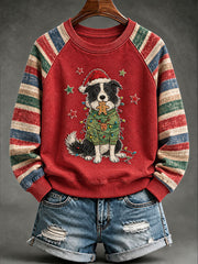 Women's Vintage Christmas Sheepdog Print Raglan Sleeve Sweatshirt