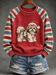Women's Vintage Christmas Shih Tzu Print Raglan Sweatshirt