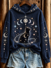 Women's Glitter Cat & Moon Phase Celestial Art Print Hoodie