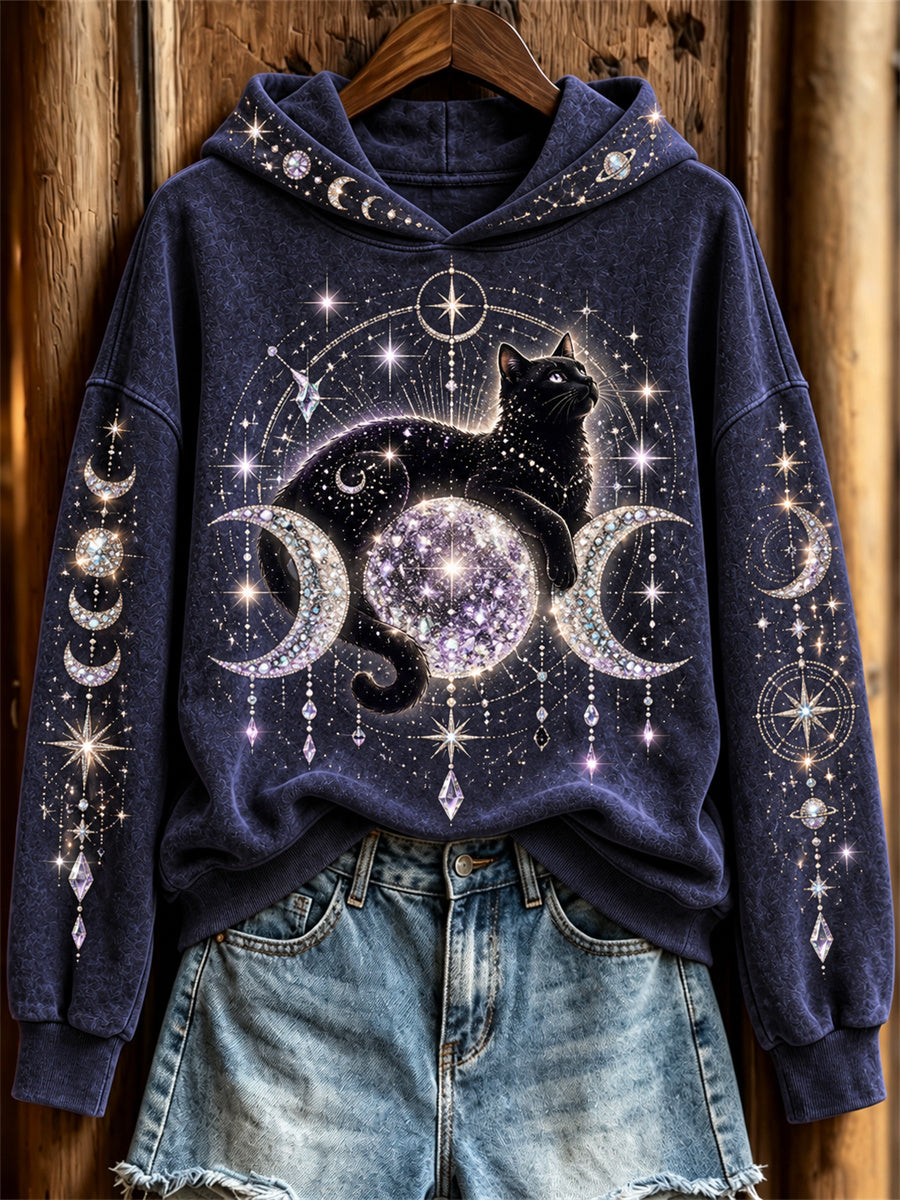 Women's Glitter Cat & Moon Moon Phase Celestial Art Print Hoodie