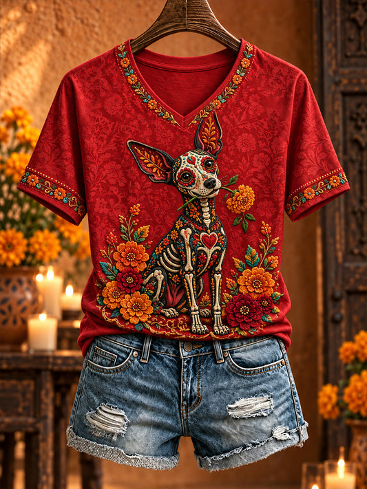 Women's Mexico Day of The Dead Floral Art Printed T-shirt