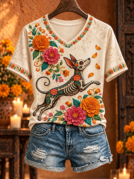 Women's Mexico Day of The Dead Floral Art Printed T-shirt