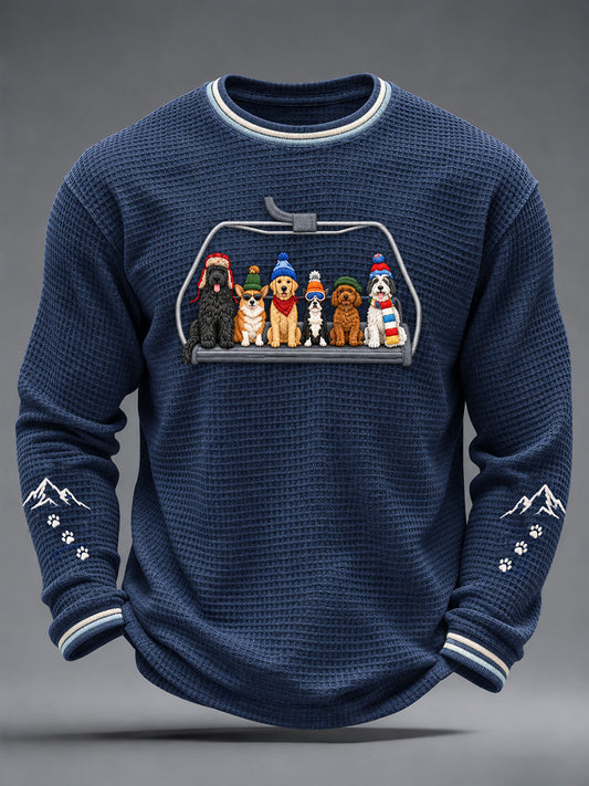Men's Skiing Dog Print Waffle Long Sleeve T-Shirt