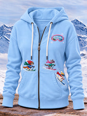 Women's Cute Cat Ski Graphic Zip-Up Hoodie