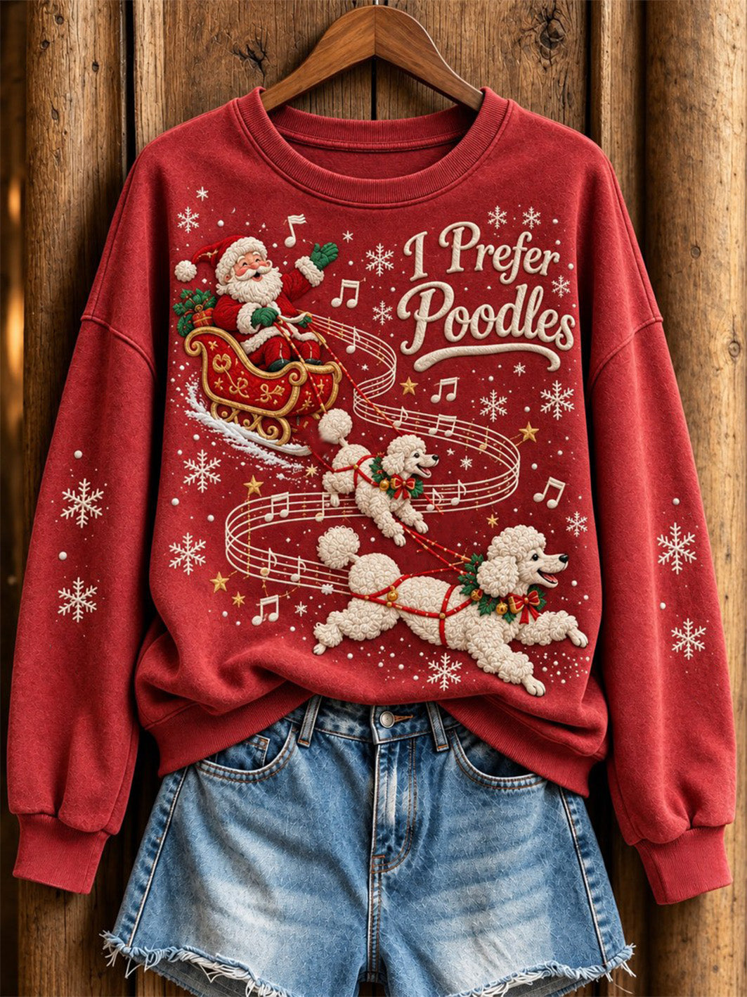 Women's Christmas Music-Themed Poodles and Santa Claus Pattern Casual Sweatshirt