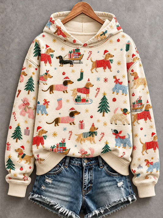 Women's Colorful Christmas Dogs Print Comfy Hooded Sweatshirt