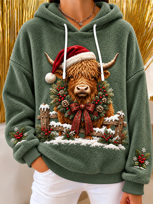 Women's Christmas Highland Cow Art Print Flannel Hoodie
