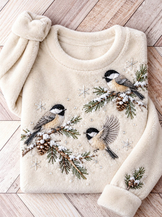 Women's Snowy Winter Black-capped Chickadee On Branch Print Flannel Sweatshirt