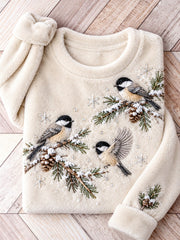 Women's Snowy Winter Black-capped Chickadee On Branch Print Flannel Sweatshirt