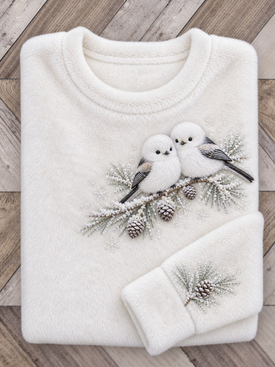 Women's Snowy Winter Long-tailed Tit On Branch Print Flannel Sweatshirt