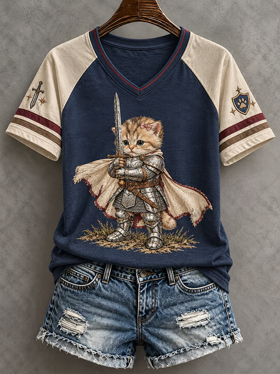 Women's A Cat-As-A-Knight Print V-neck off-shoulder short-sleeved T-shirt