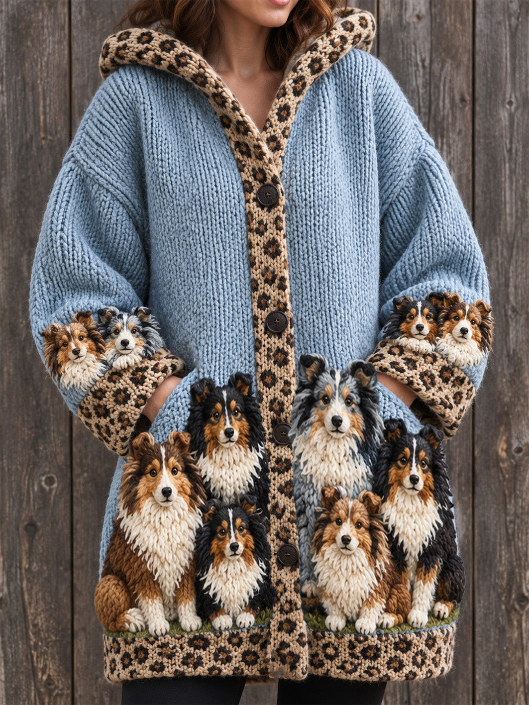 Women's Shetland Sheepdogs Pattern Causal Composite Fleece Long Coat