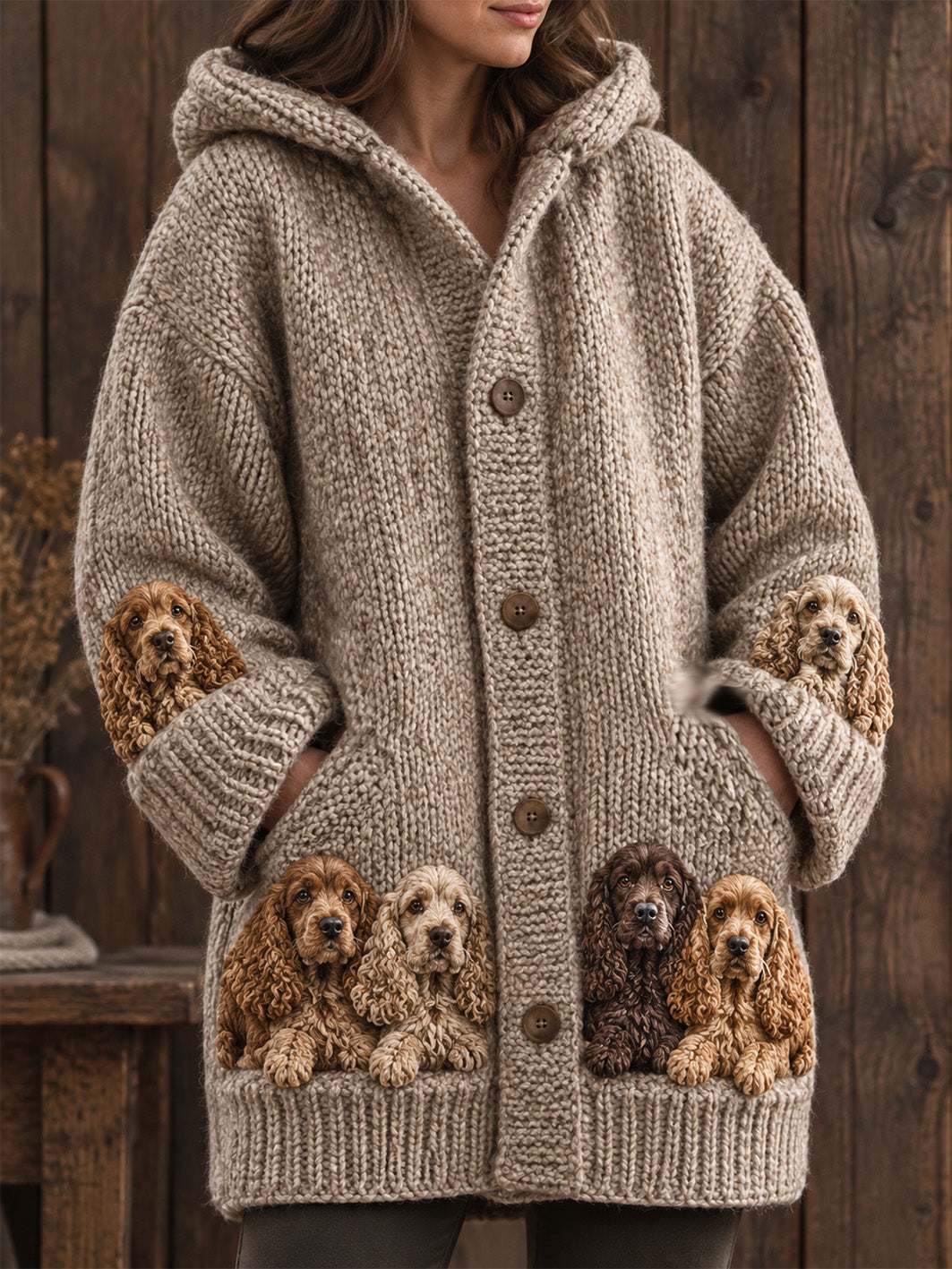 Women's Cocker Spaniel Pattern Causal Composite Fleece Long Coat