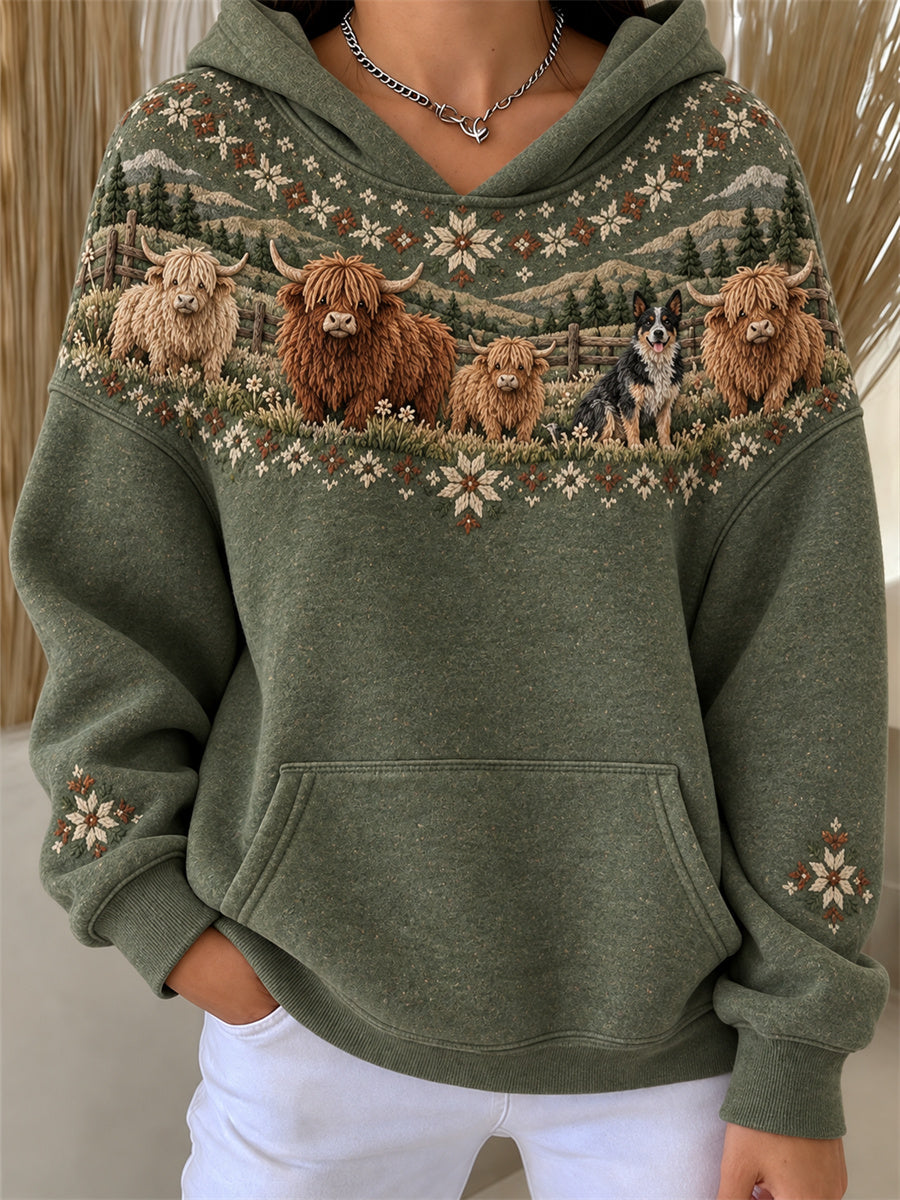 Women's Vintage Cattle Dog & Highland Cows Landscape Yoke Isle Pattern Print Hoodie
