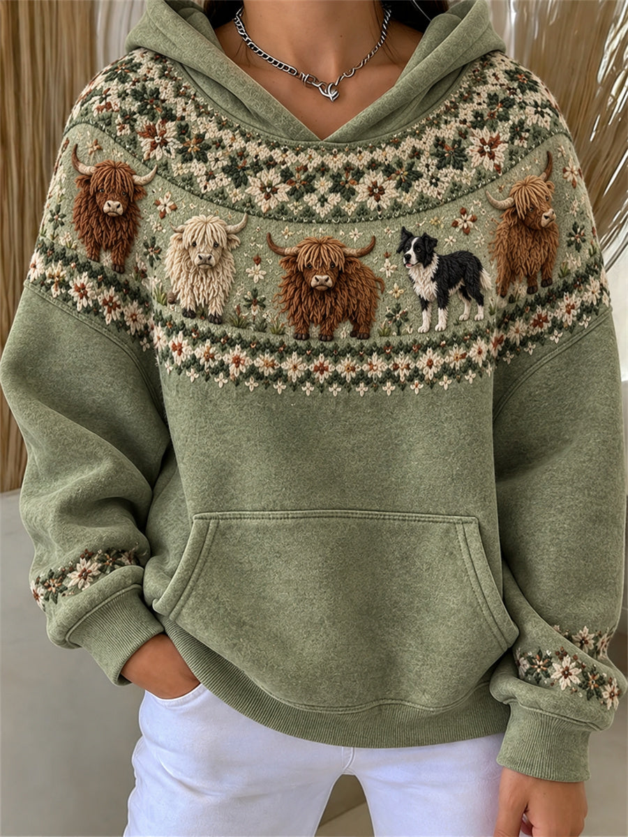 Women's Vintage Border Collie Dog & Highland Cows Yoke Isle Pattern Print Hoodie