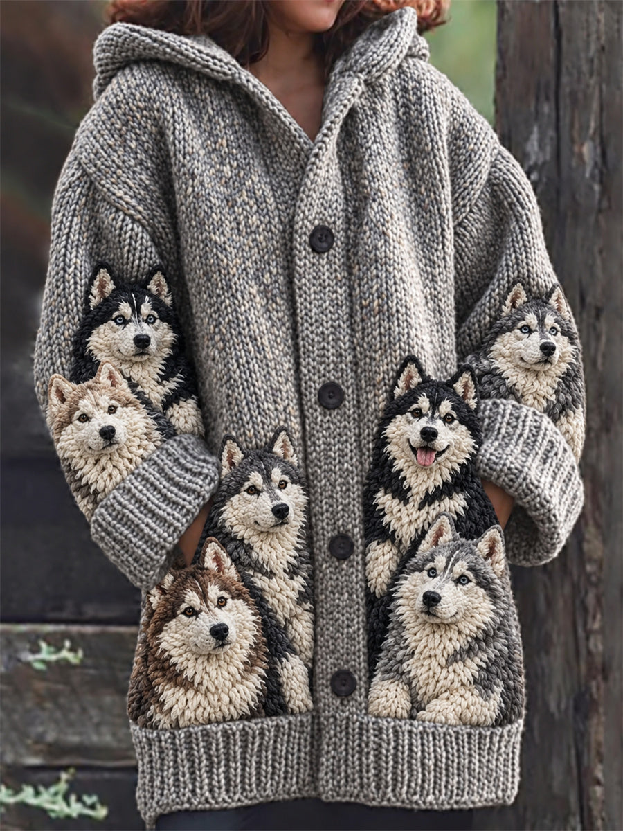 Women's Vintage Crowded Husky Dogs Print Composite Fleece Long Coat