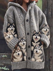 Women's Vintage Crowded Husky Dogs Print Composite Fleece Long Coat