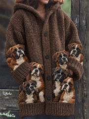 Women's Vintage Crowded Boxer Dogs Print Composite Fleece Long Coat