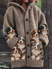 Women's Vintage Crowded Australian Shepherd Dogs Print Composite Fleece Long Coat
