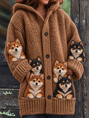 Women's Vintage Crowded Shiba Inu Dogs Print Cozy Composite Fleece Long Coat
