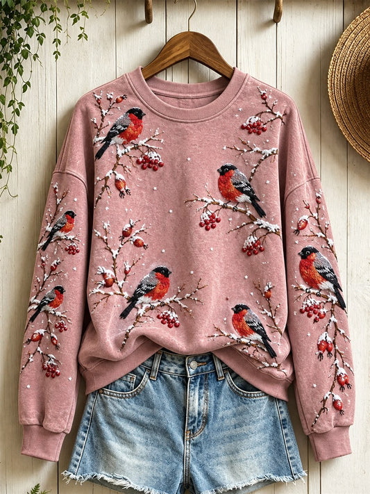 Women's Snowy Winter Eurasian Bullfinch Birds on Branches Print Sweatshirt