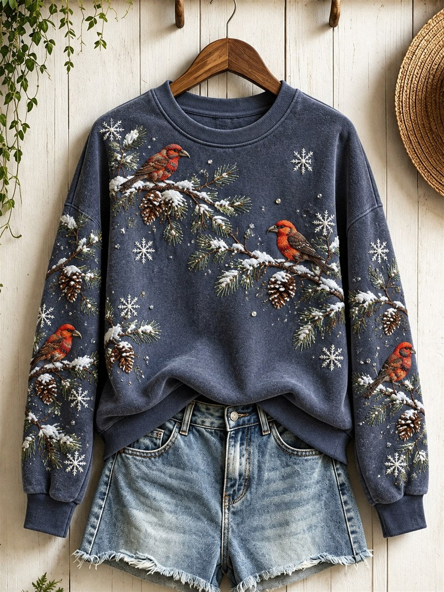 Women's Snowy Winter Red Crossbill Birds on Branches Print Sweatshirt