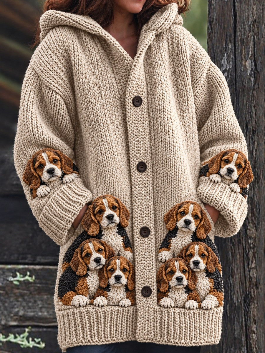 Women's Vintage Crowded Beagles Print Cozy Composite Fleece Long Coat