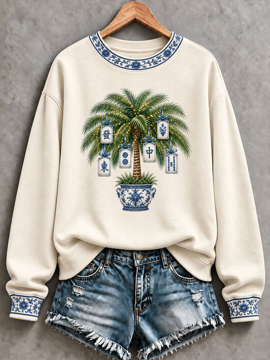Women's Christmas Palm Tree Mahjong Print Casual Sweatshirt