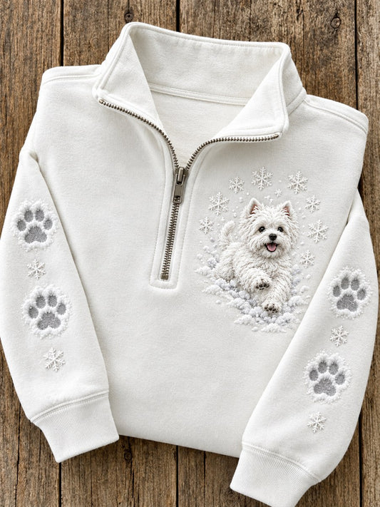 Women's Snowy Winter Westie Dog In the Snow Print Zip Up Sweatshirt