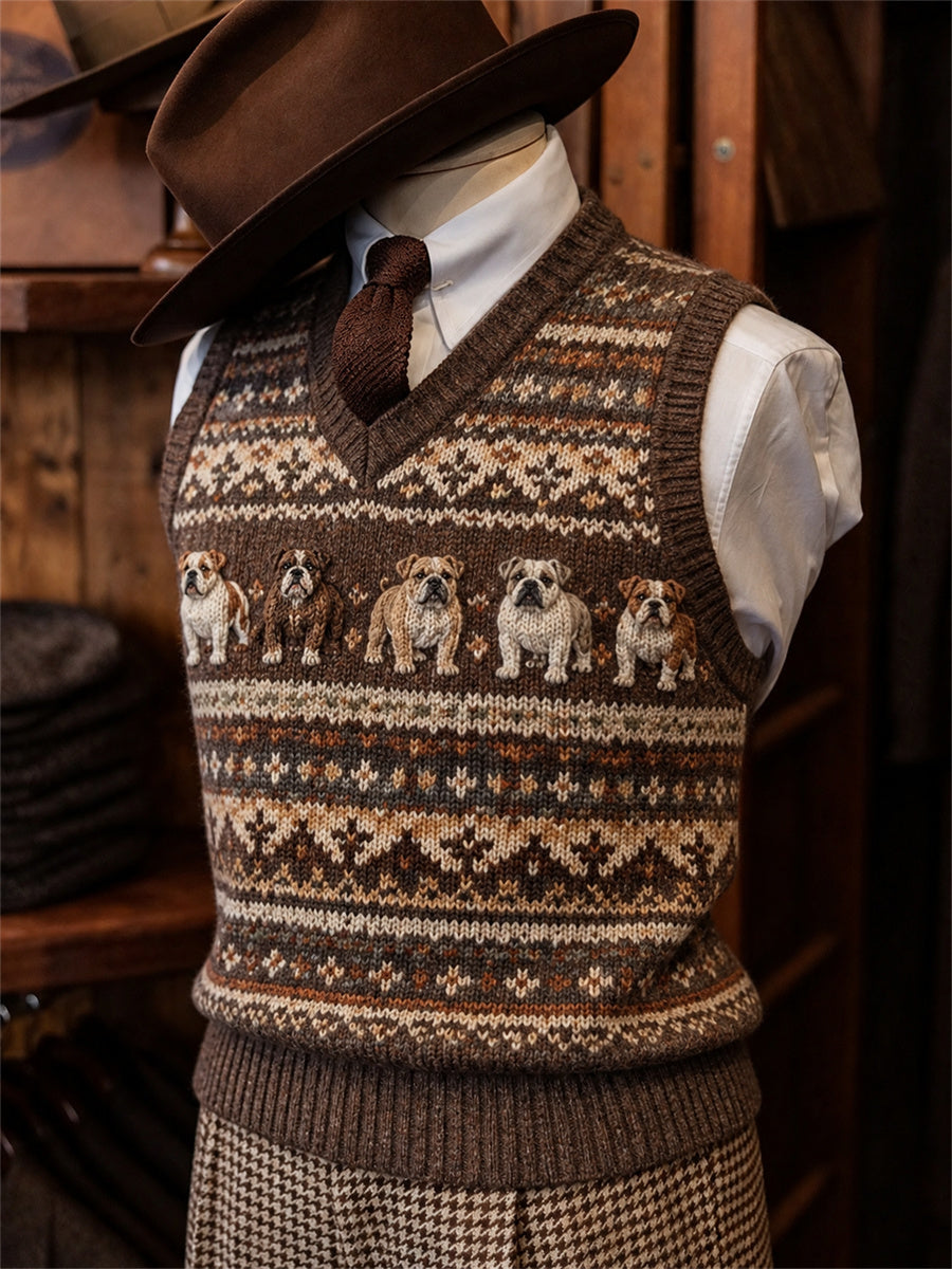 Men's Vintage Bulldogs Fair Isle Pattern Print Cozy Vest