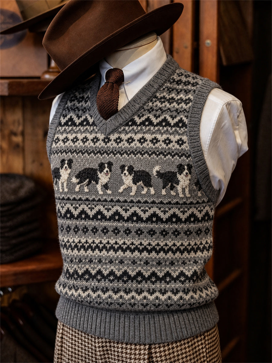 Men's Vintage Border Collie Dogs Fair Isle Pattern Print Cozy Vest