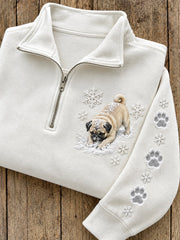 Women's Snowy Winter Pug Dog In the Snow Print Zip Up Sweatshirt