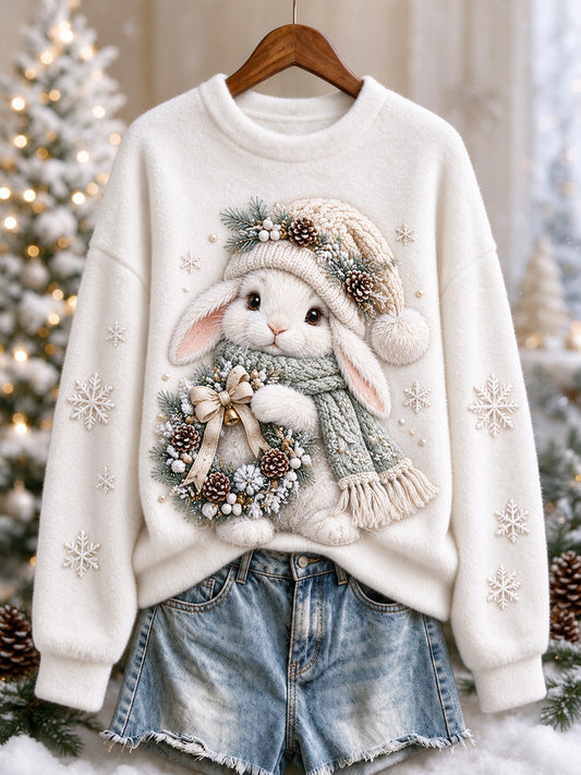 Women's White Christmas Bunny Print Cozy Flannel Sweatshirt