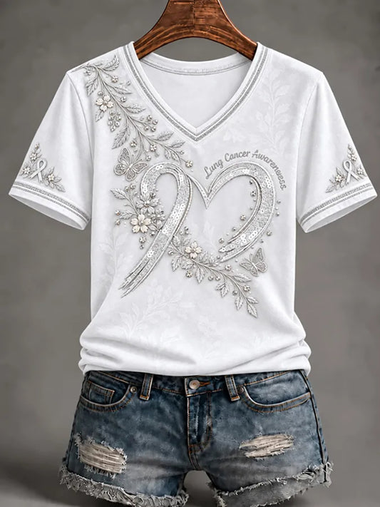 Women's Lung Cancer Awareness Print Short Sleeve T-shirt