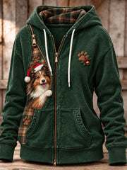 Women's Christmas Shetland Sheepdog Pattern Checkered Design Casual Zip-Up Hoodie