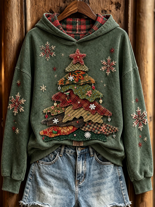 Women's Retro Patchwork Christmas Tree Pattern Casual Hoodie