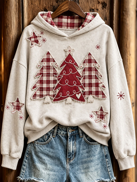 Women's Retro Patchwork Christmas Tree Pattern Casual Hoodie