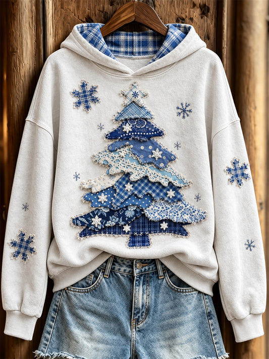 Women's Retro Patchwork Christmas Tree Pattern Casual Hoodie