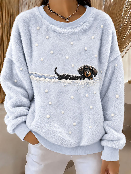 Women’s Dachshund in the Snow Winter Printed Casual Flannel Sweatshirt