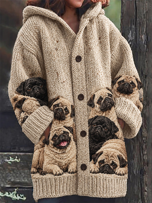 Women's Vintage Crowded Pug Dogs Print Composite Fleece Long Coat