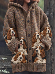 Women's Vintage Crowded Basset Hound Dogs Print Composite Fleece Long Coat
