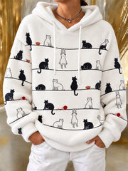 Women's Funny Cute Cat Art Print Flannel Hoodie
