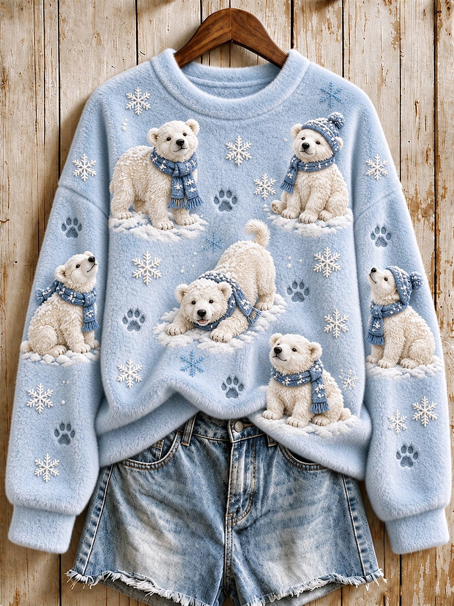 Women's Snowy Winter Polar Bear Print Flannel Sweatshirt