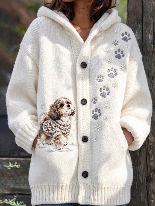 Women's Winter Shih Tzu Pattern Composite Fleece Long Coat