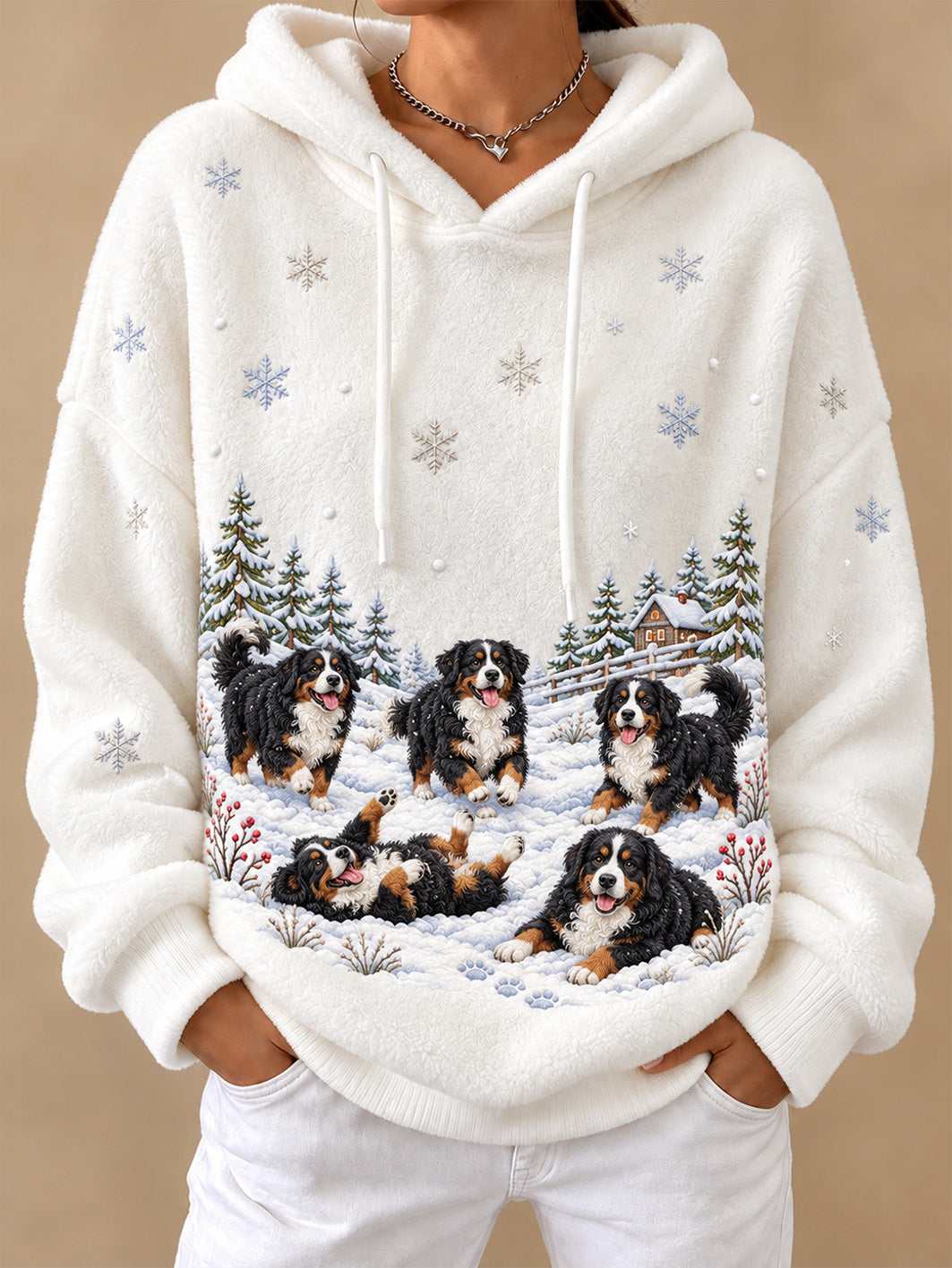 Women's Winter Bernese Mountain Dogs Pattern Causal Flannel Hoodie