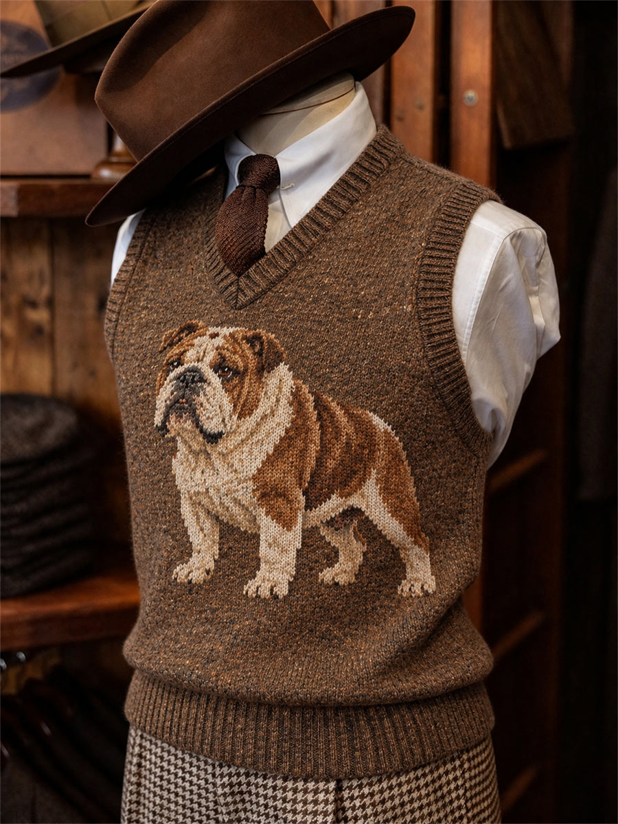 Men's Vintage 70s Bulldog Print Cozy Vest