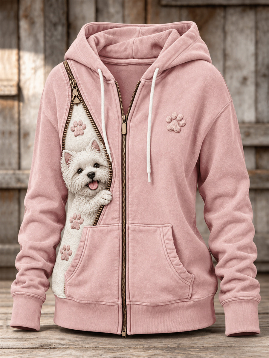 Women's Peeking Westie Dog & Paw Prints Zipper Contrast Color Print Full Zip Hoodie