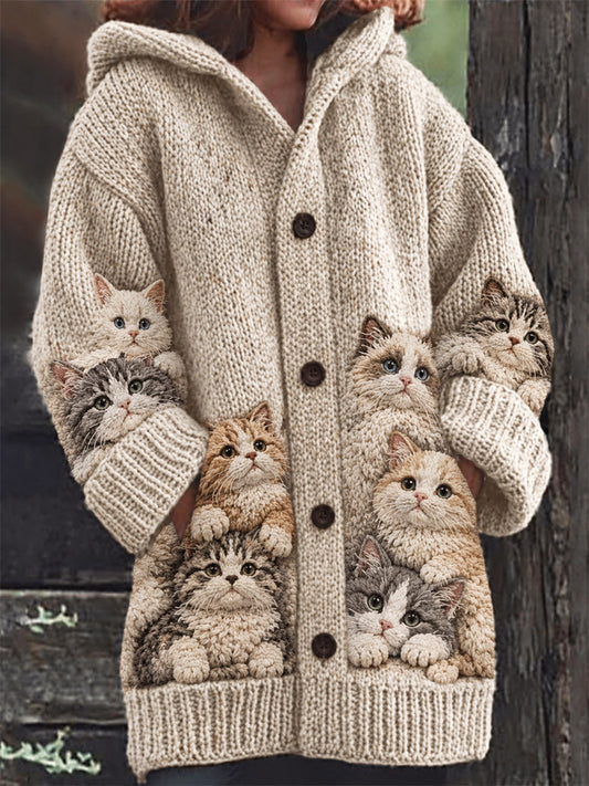 Women's Vintage Crowded Cream & Tabby Cats Print Composite Fleece Long Coat